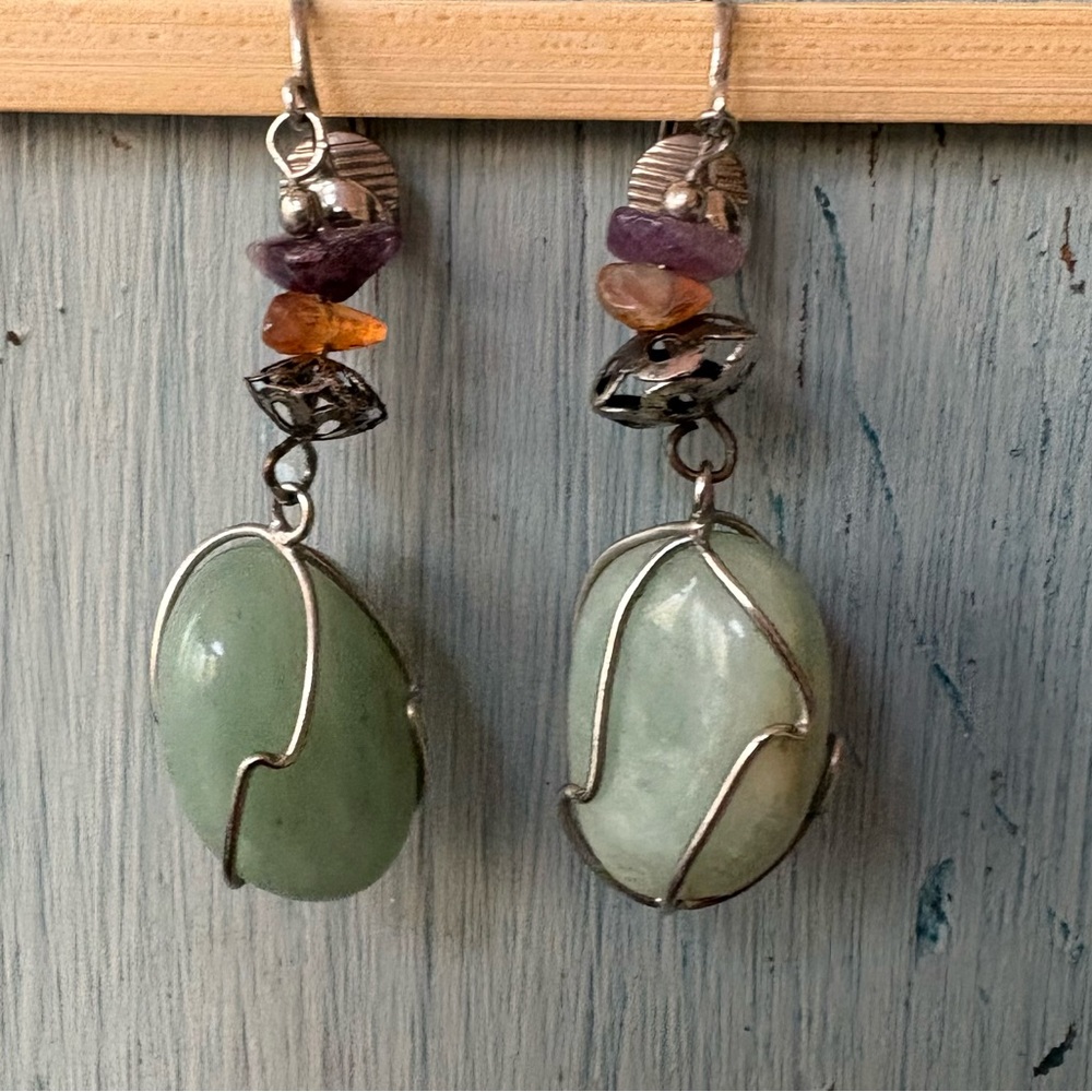 Silver and Green Stone Dangle Earrings - Picture 1 of 8